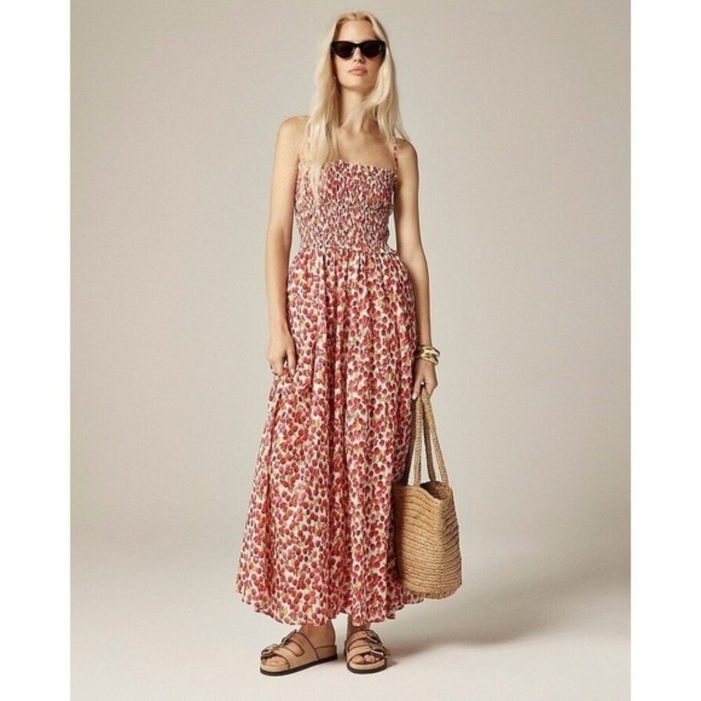 J. Crew NWT Smocked Floral Maxi Dress Raspberry Red White Size Small